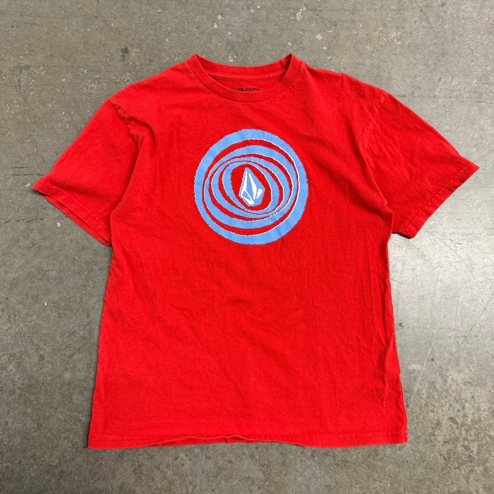Volcom Mens Graphic T-Shirt Red Blue Swirl Stone Logo Short Sleeve Size XL